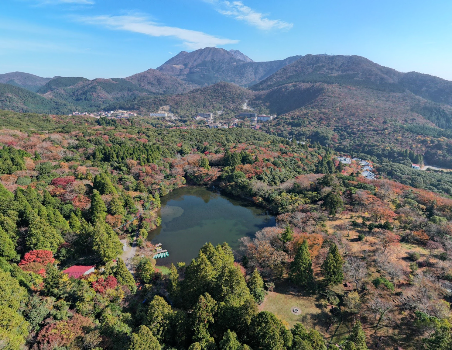 Autumn view of Unzen National Park with a lake